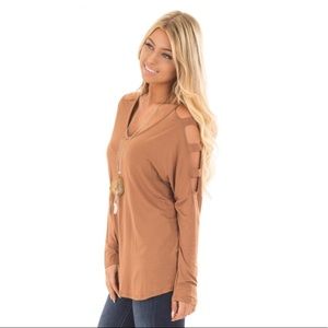 CAMEL TOP W/ LADDER CUT COLD SHOULDER LONG SLEEVES
